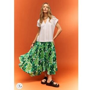 PLAN C x RTR Pleated Cotton Blend Maxi Dress‎ Green Floral White Top Sz XS
